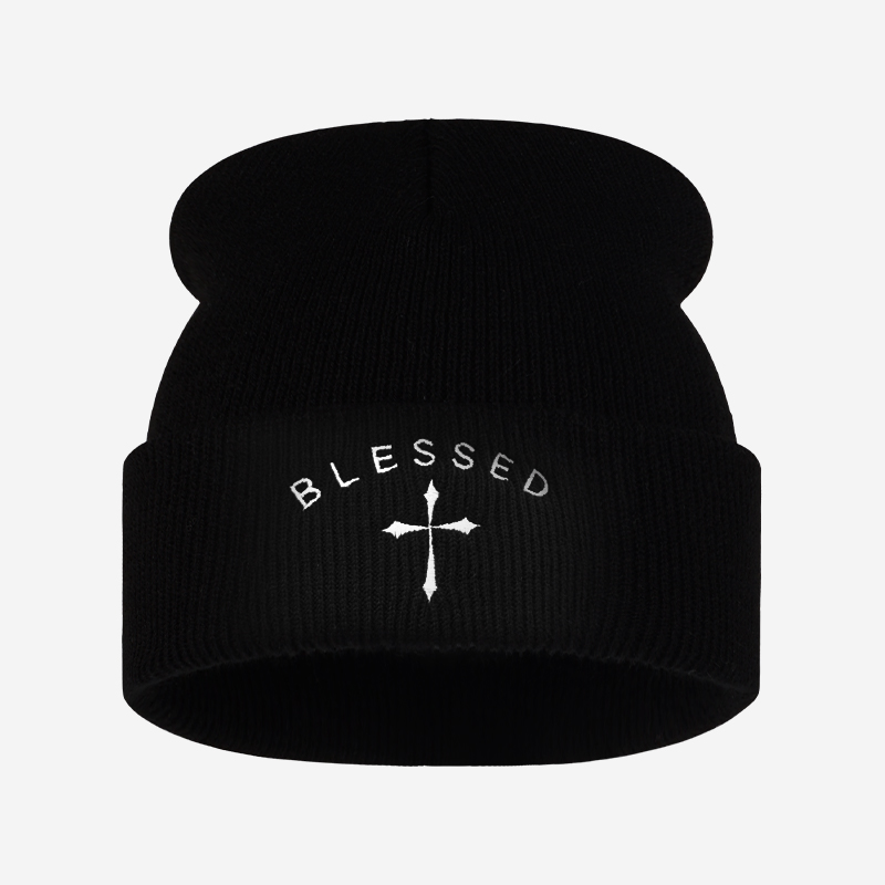 Beanie Cuffed Knit - Bonnet brodé Croix Sainte, bonnet tricoté